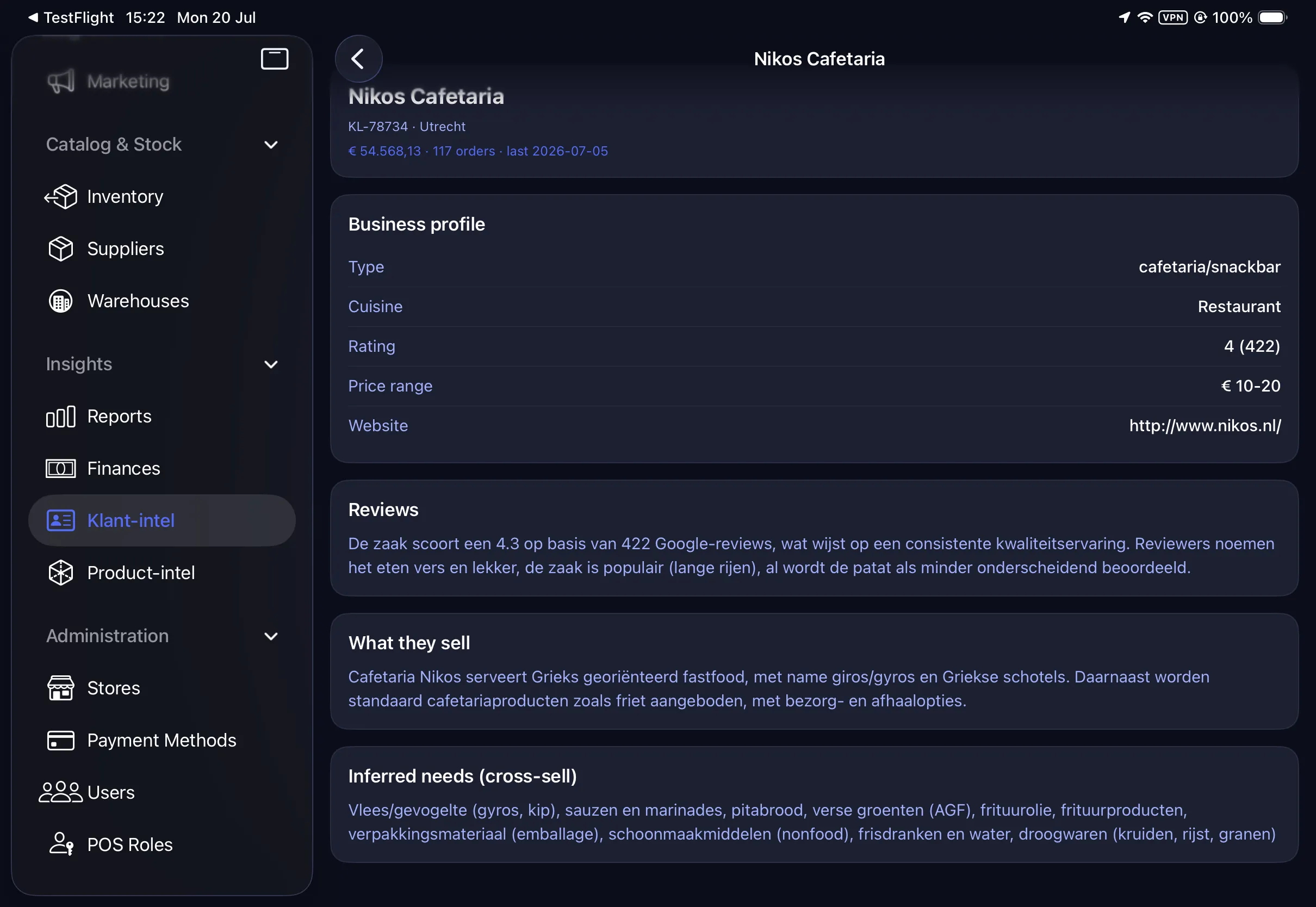 Adam’s client intelligence: a customer dossier with business profile, reviews and inferred cross-sell needs.